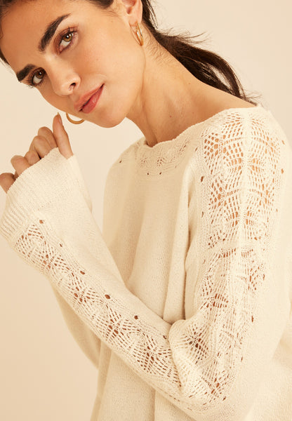 Lace Pointelle Trim Boat Neck Sweater