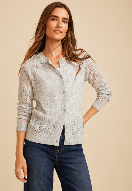 Pointelle Crew Neck Button Front Cardigan