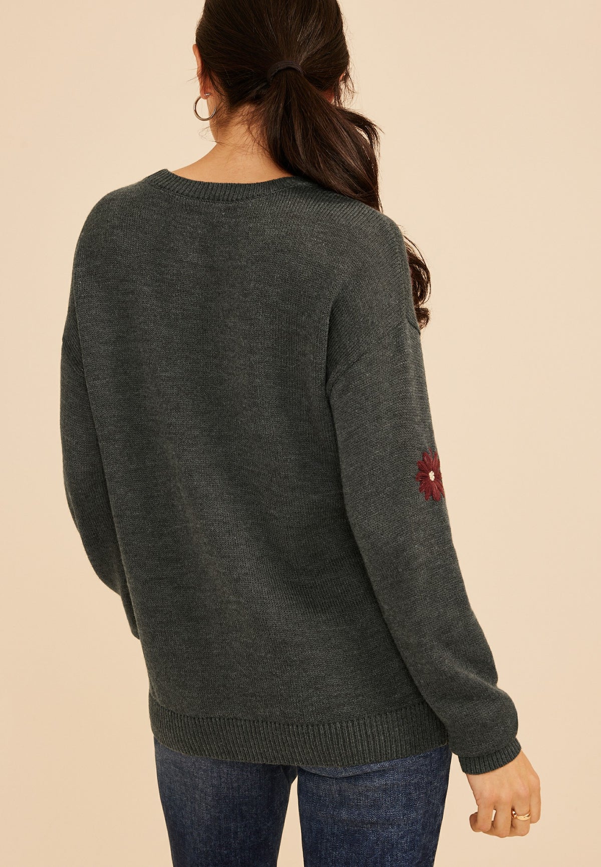 Embroidered Floral Crew Neck Sweater