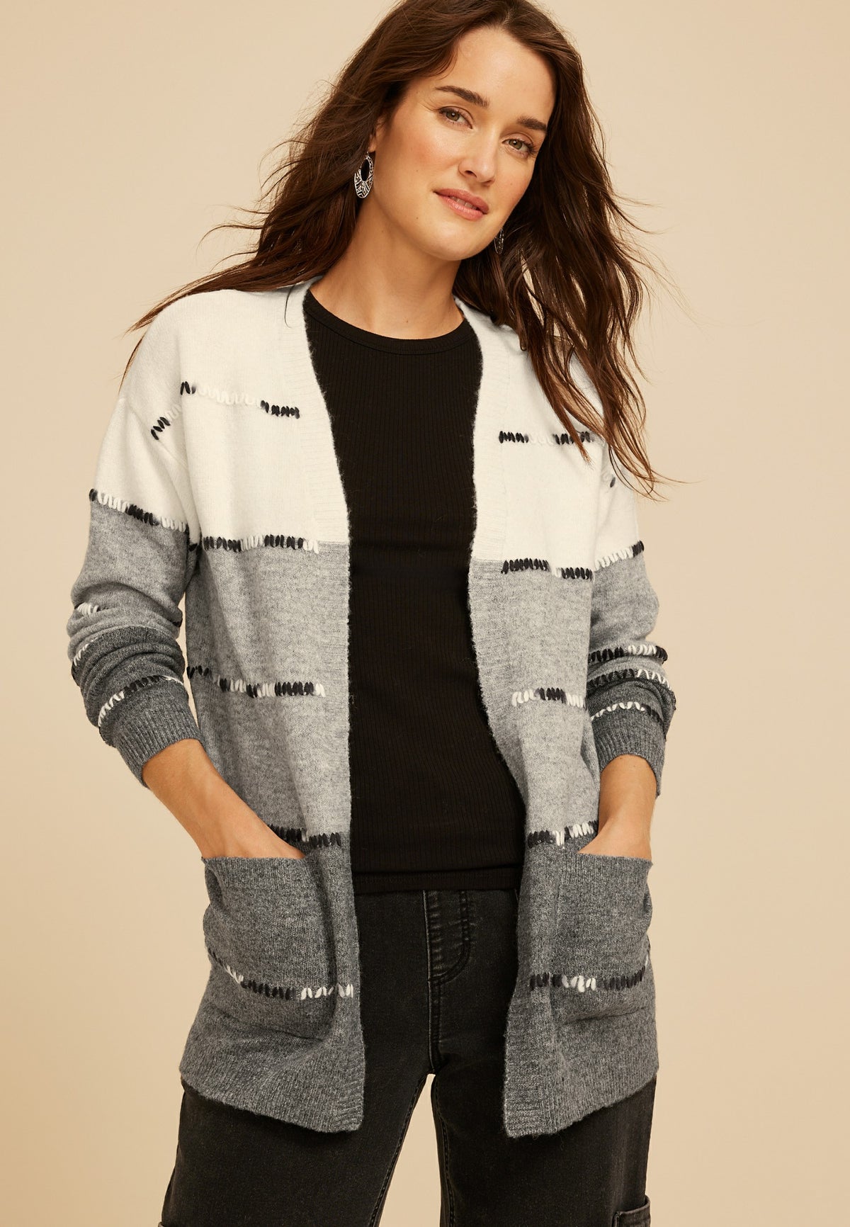 90s Colorblock Whipstitch Open Front Cardigan
