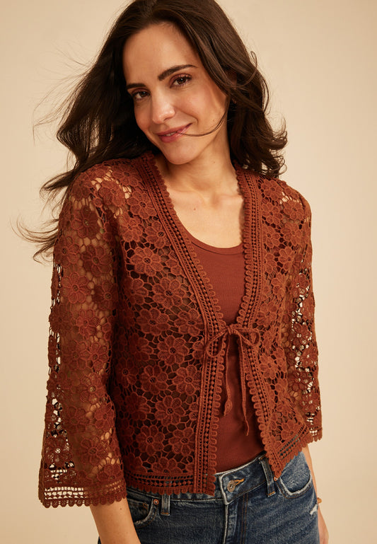 Floral Crochet Tie Front Cardigan