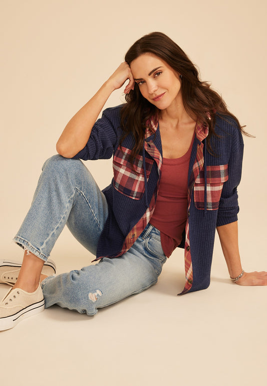 Plaid Hood Waffle Knit Shacket