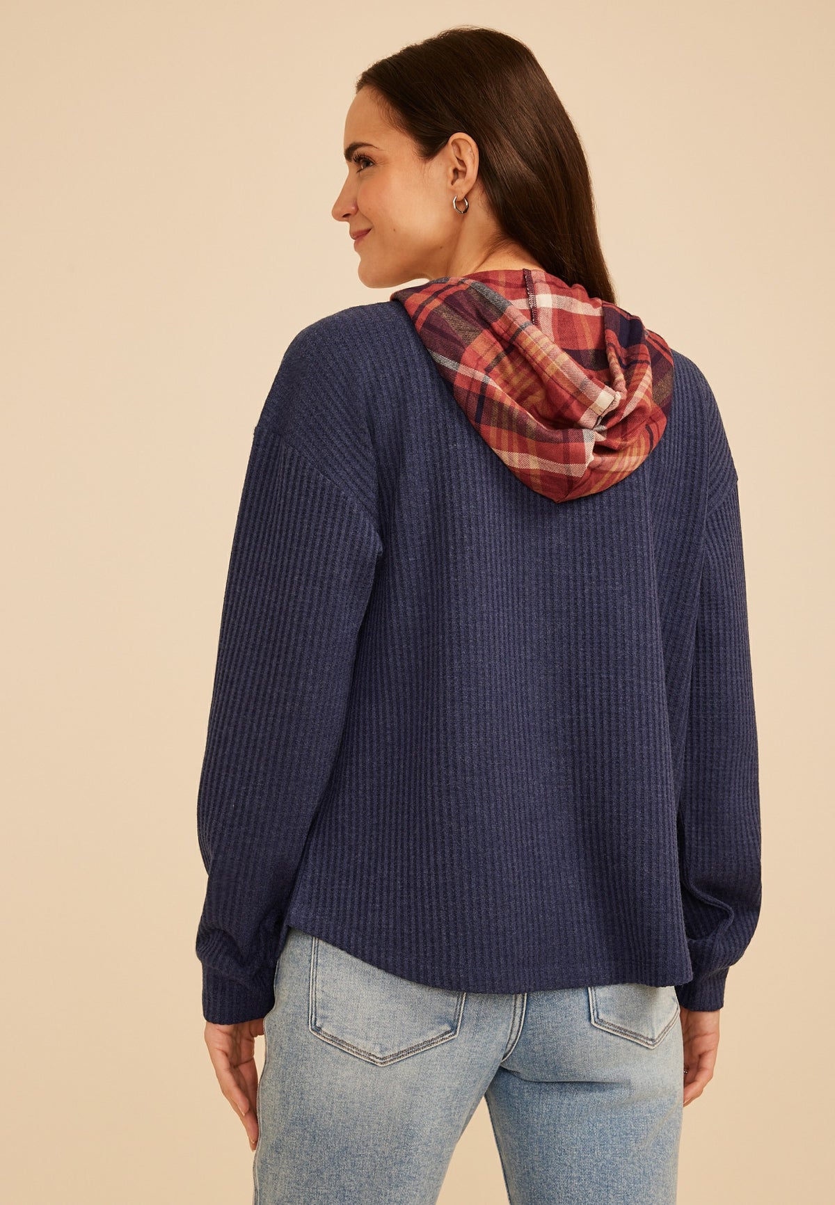Plaid Hood Waffle Knit Shacket