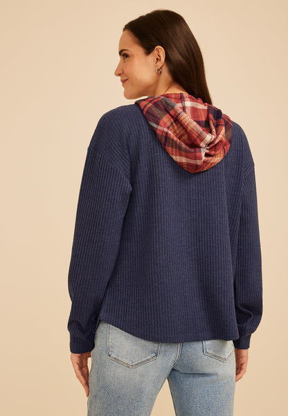 Plaid Hood Waffle Knit Shacket