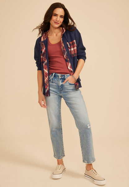 Plaid Hood Waffle Knit Shacket