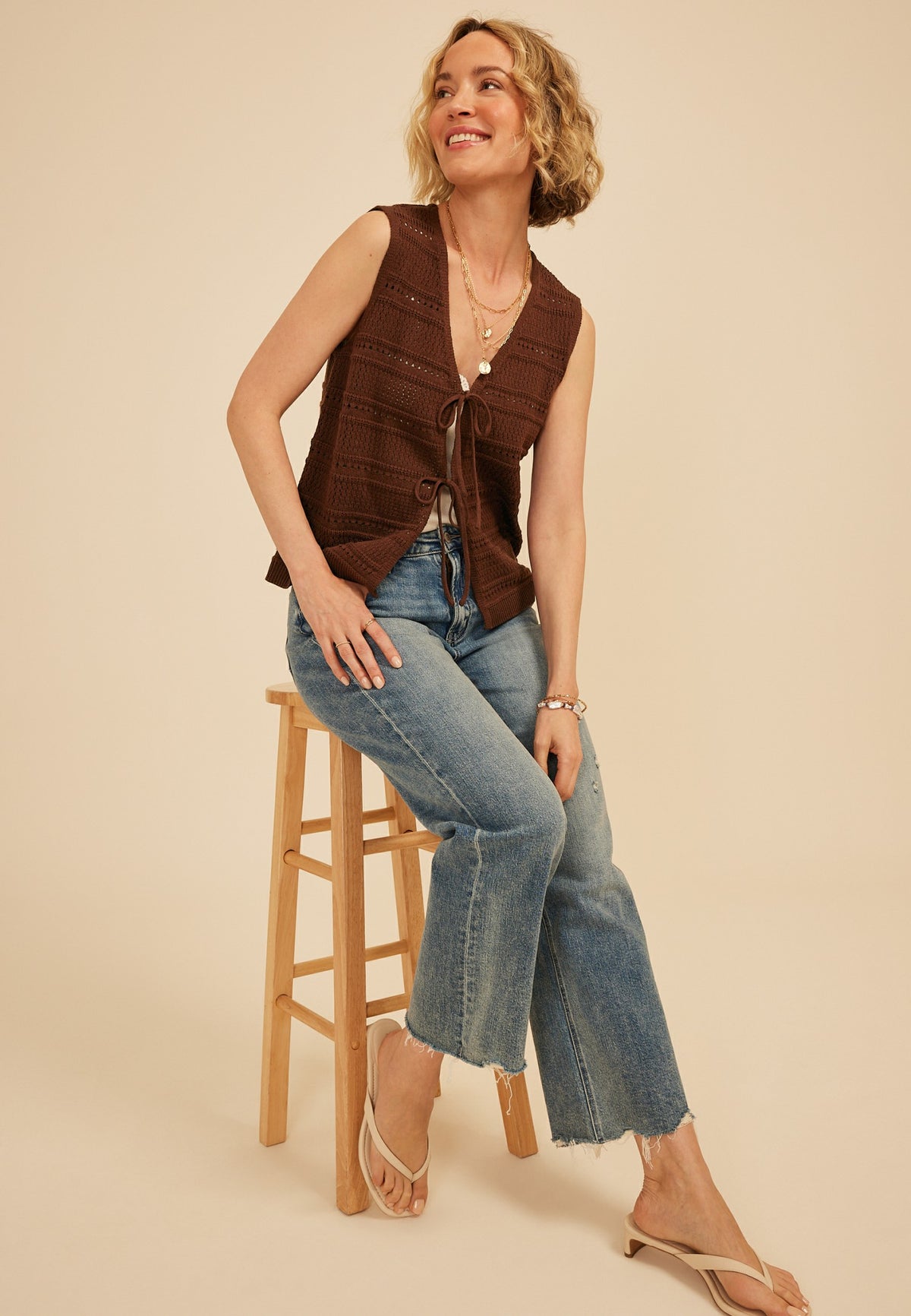 Textured Stripe Tie Front Vest