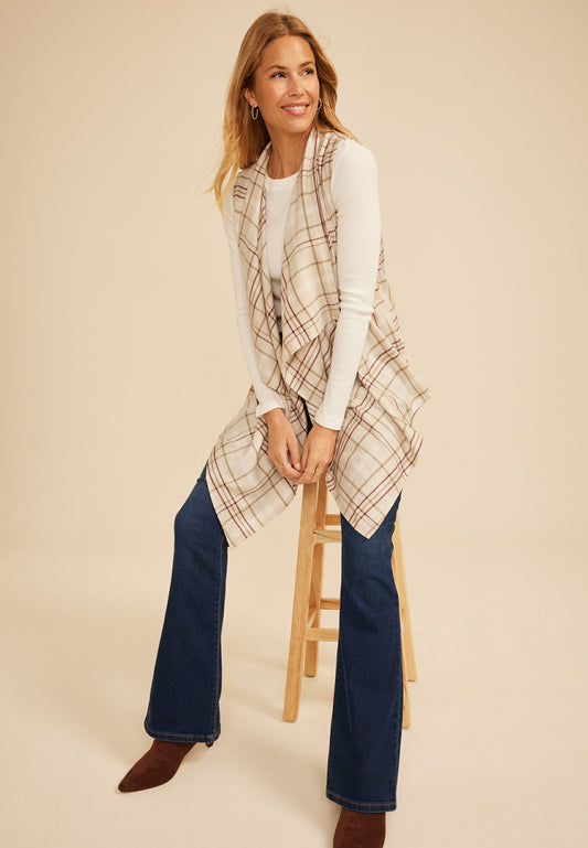 Plaid Open Front Waterfall Vest