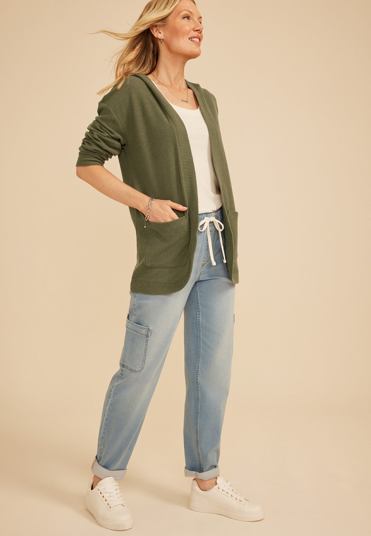 Brushed Waffle Hooded Cardigan