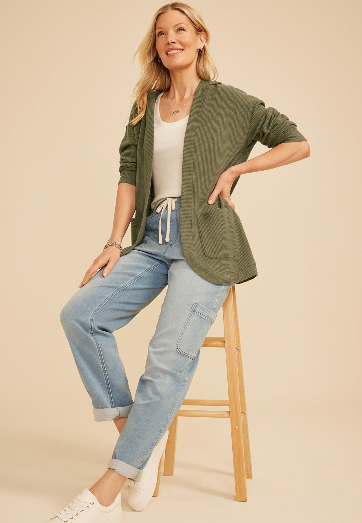 Brushed Waffle Hooded Cardigan