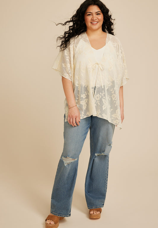 Floral Crochet Tie Front Kimono