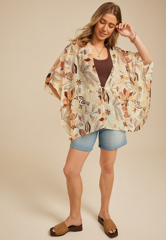 Metallic Floral Tie Front Kimono