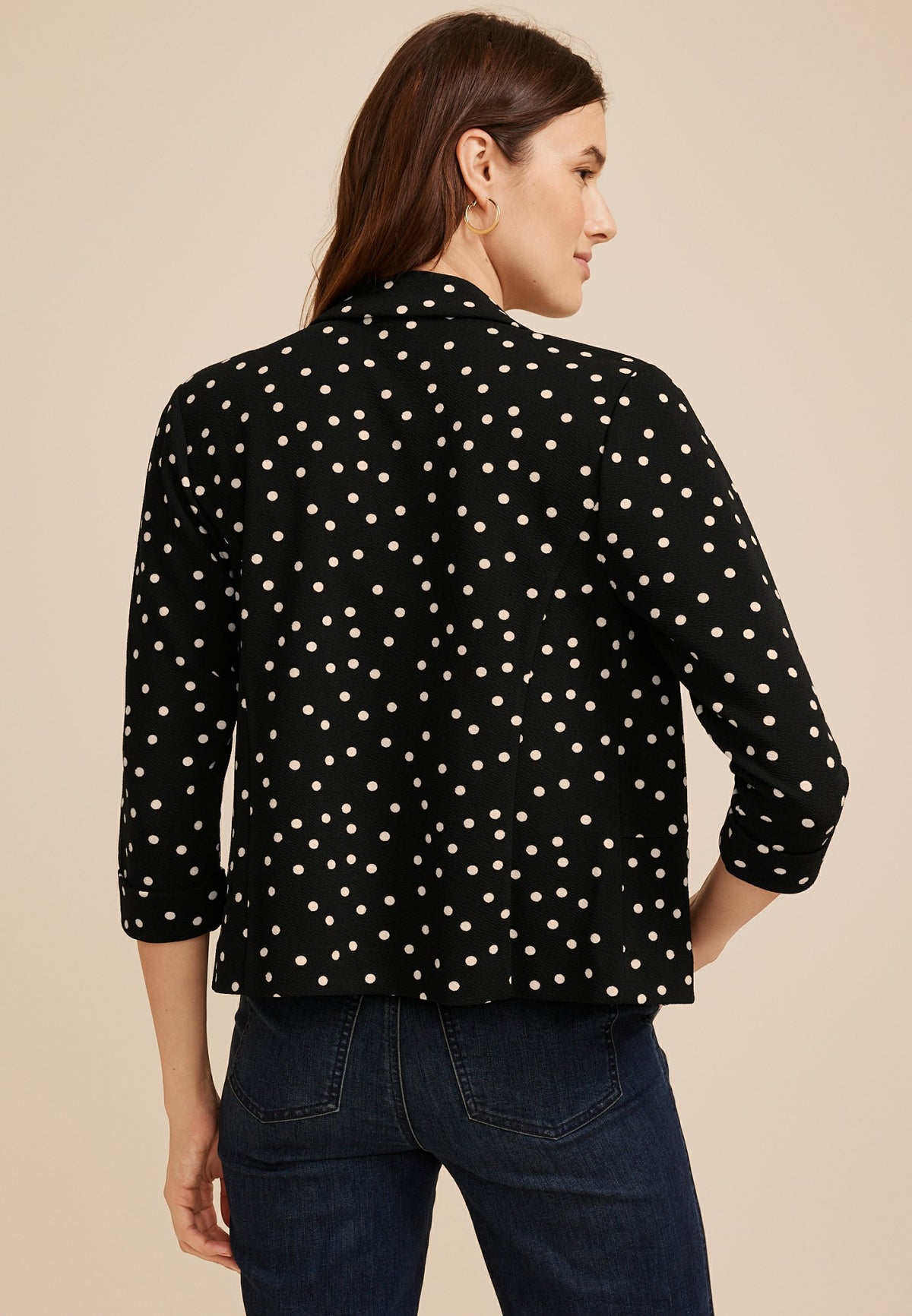 Versa Polka Dot 3/4 Sleeve Open Front Cropped Blazer
