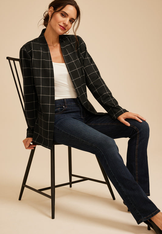 Windowpane Plaid Collarless Blazer