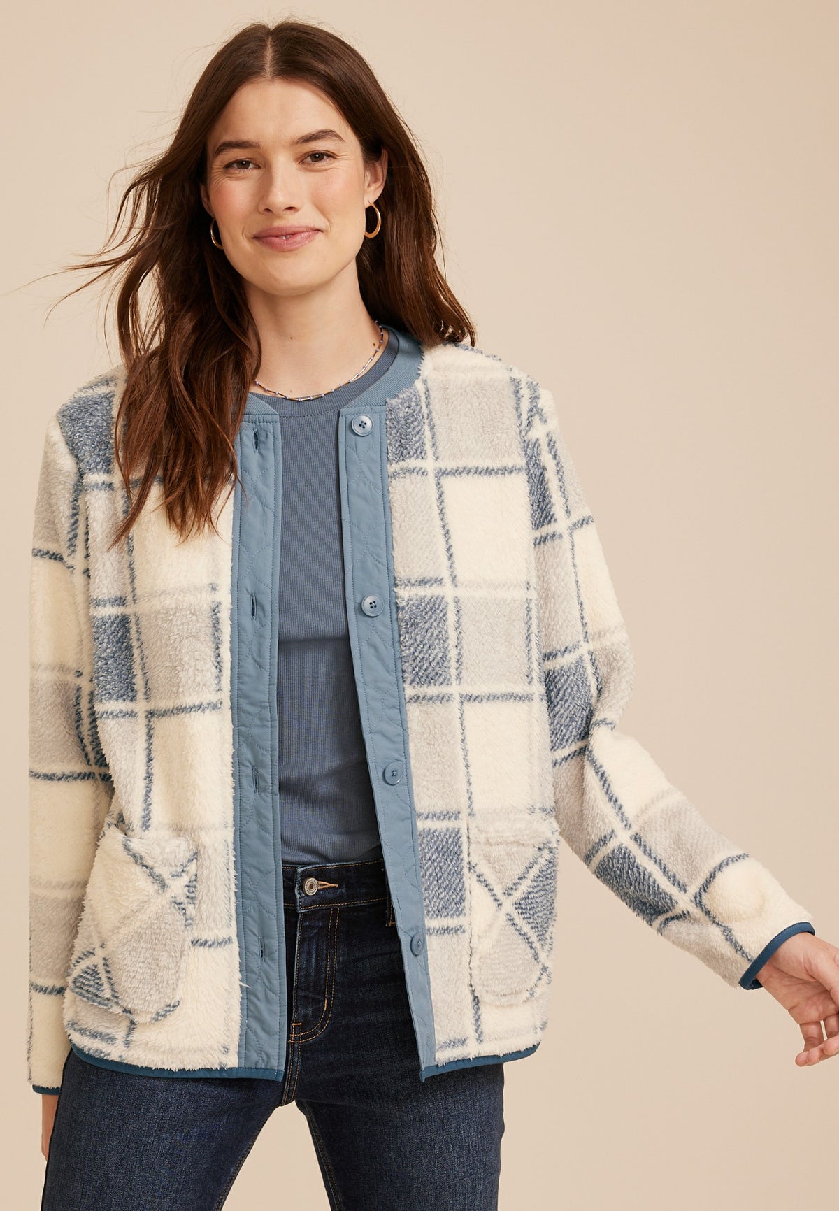 Plaid Sherpa Button Front Jacket