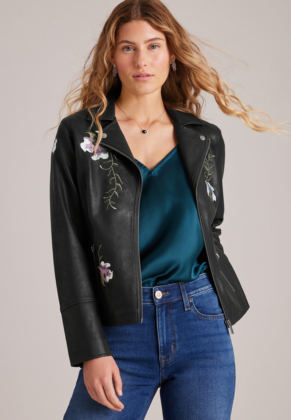 Floral Embroidered Faux Leather Jacket