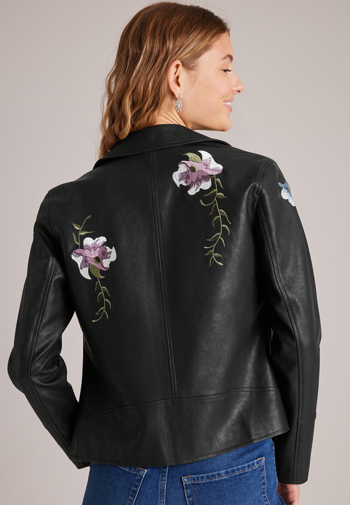 Floral Embroidered Faux Leather Jacket