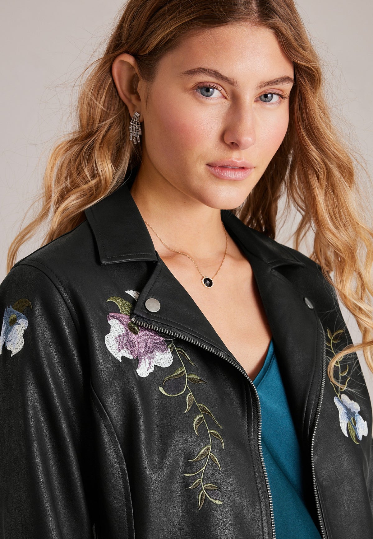 Floral Embroidered Faux Leather Jacket