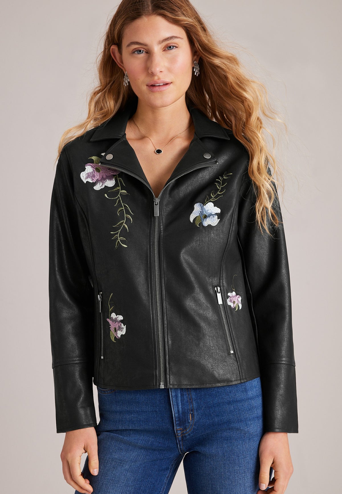 Floral Embroidered Faux Leather Jacket