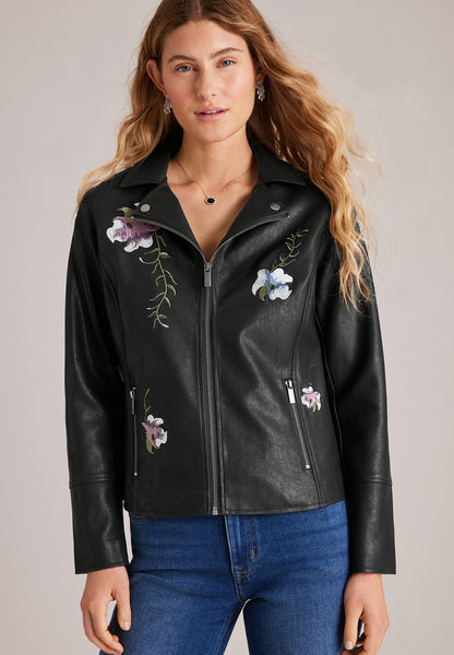 Floral Embroidered Faux Leather Jacket