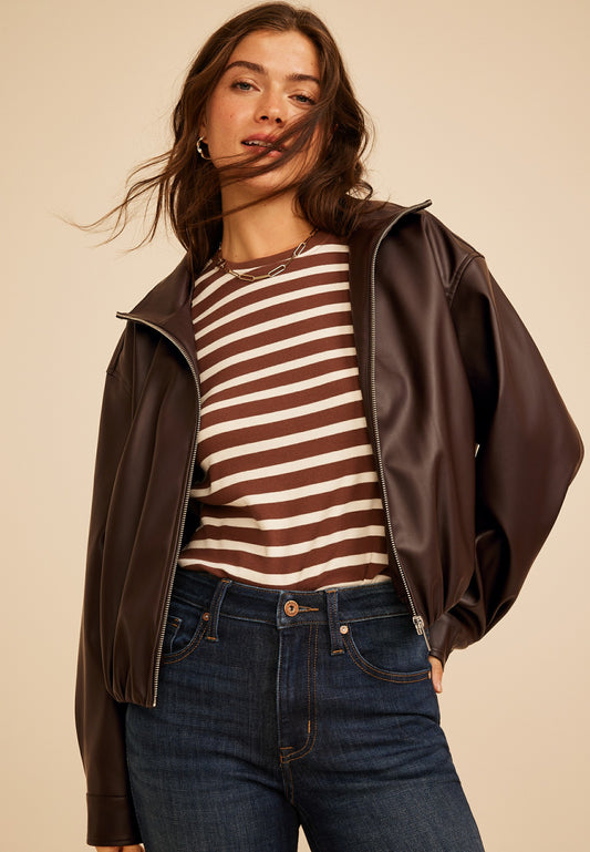 Faux Leather Bubble Hem Bomber Jacket