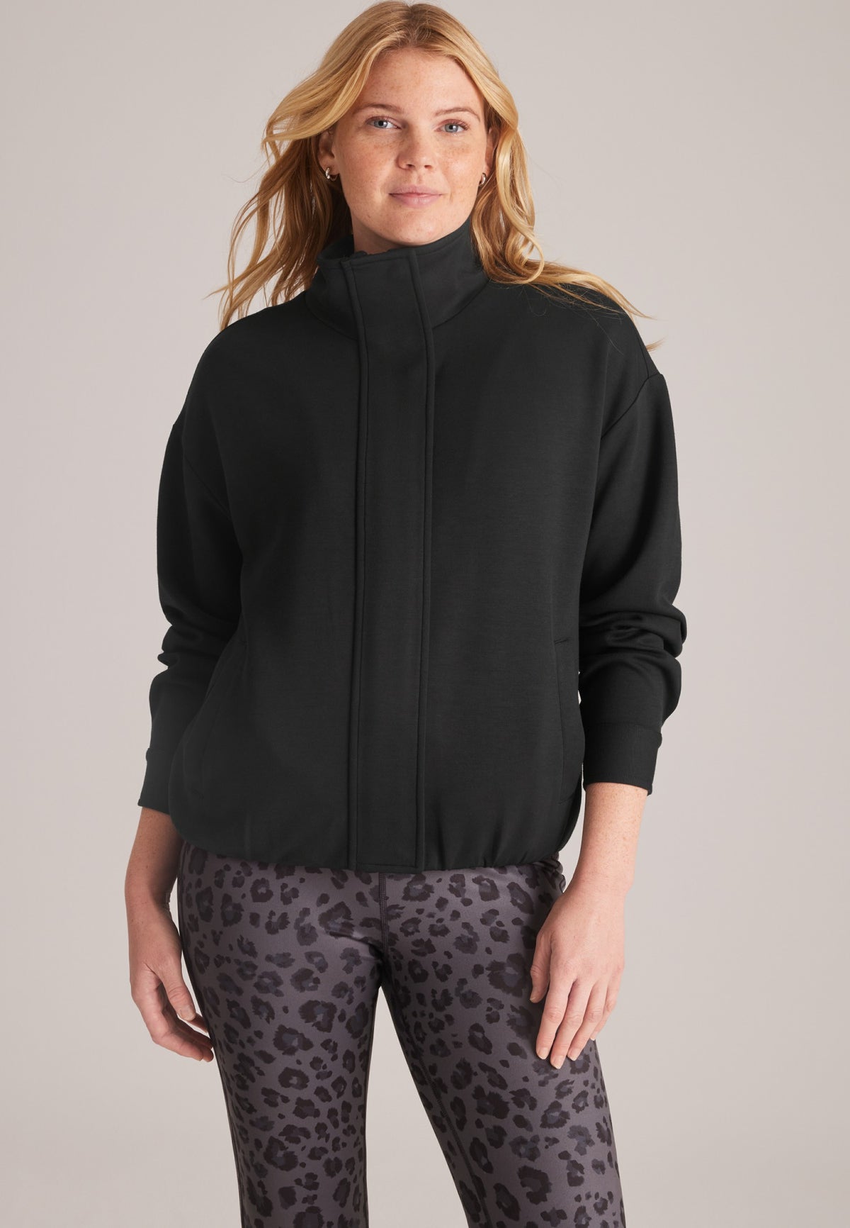 Scuba Knit Cinch Hem Bomber Jacket