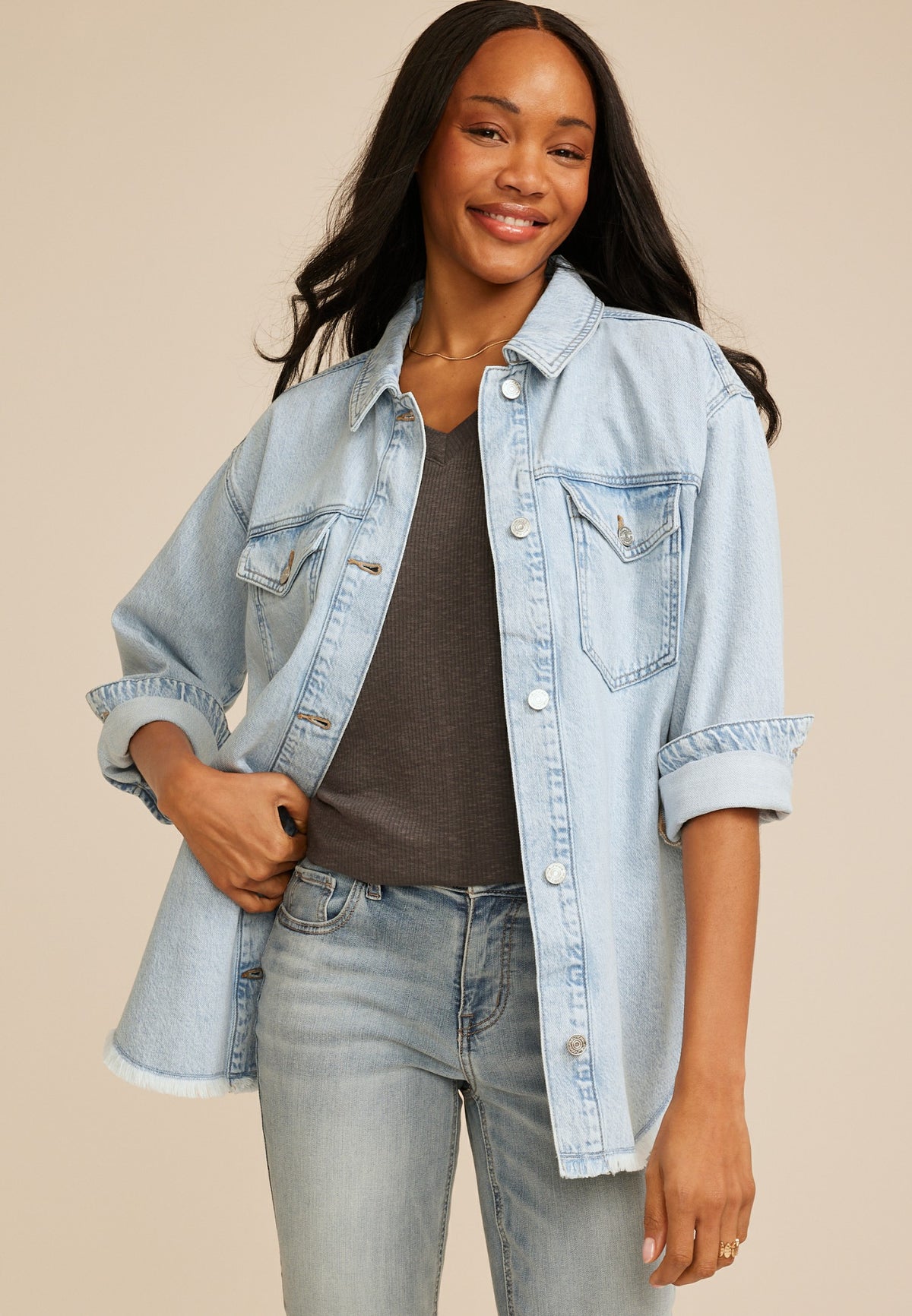 Light Wash Fray Hem Denim Shacket