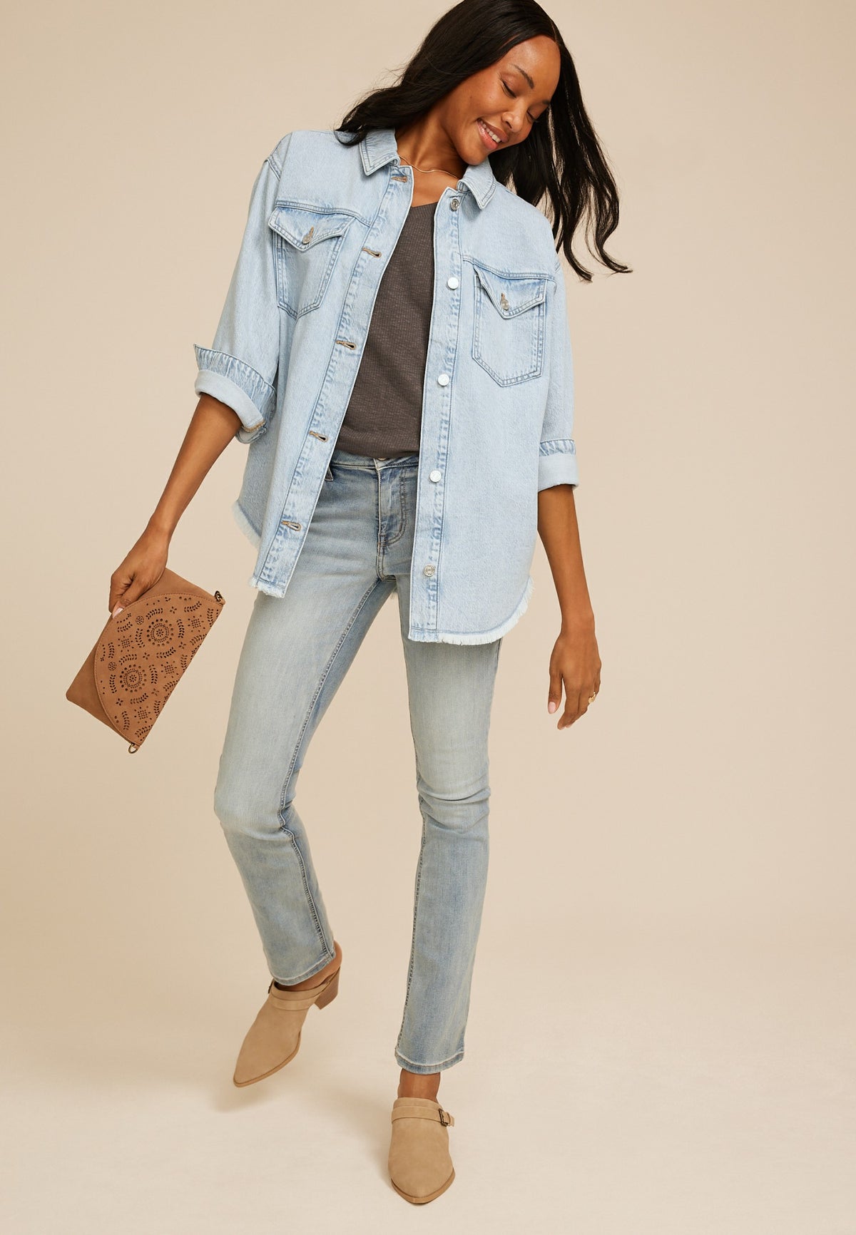 Light Wash Fray Hem Denim Shacket