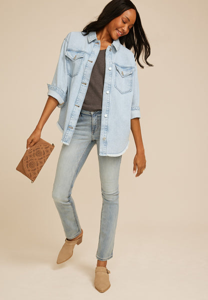 Light Wash Fray Hem Denim Shacket