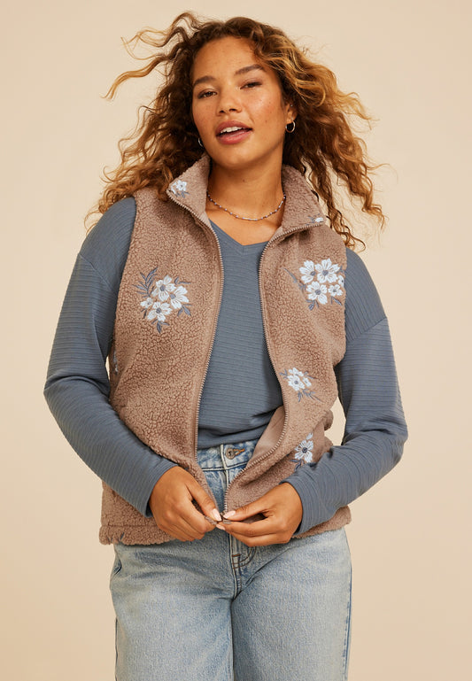 Floral Embroidered Sherpa Vest