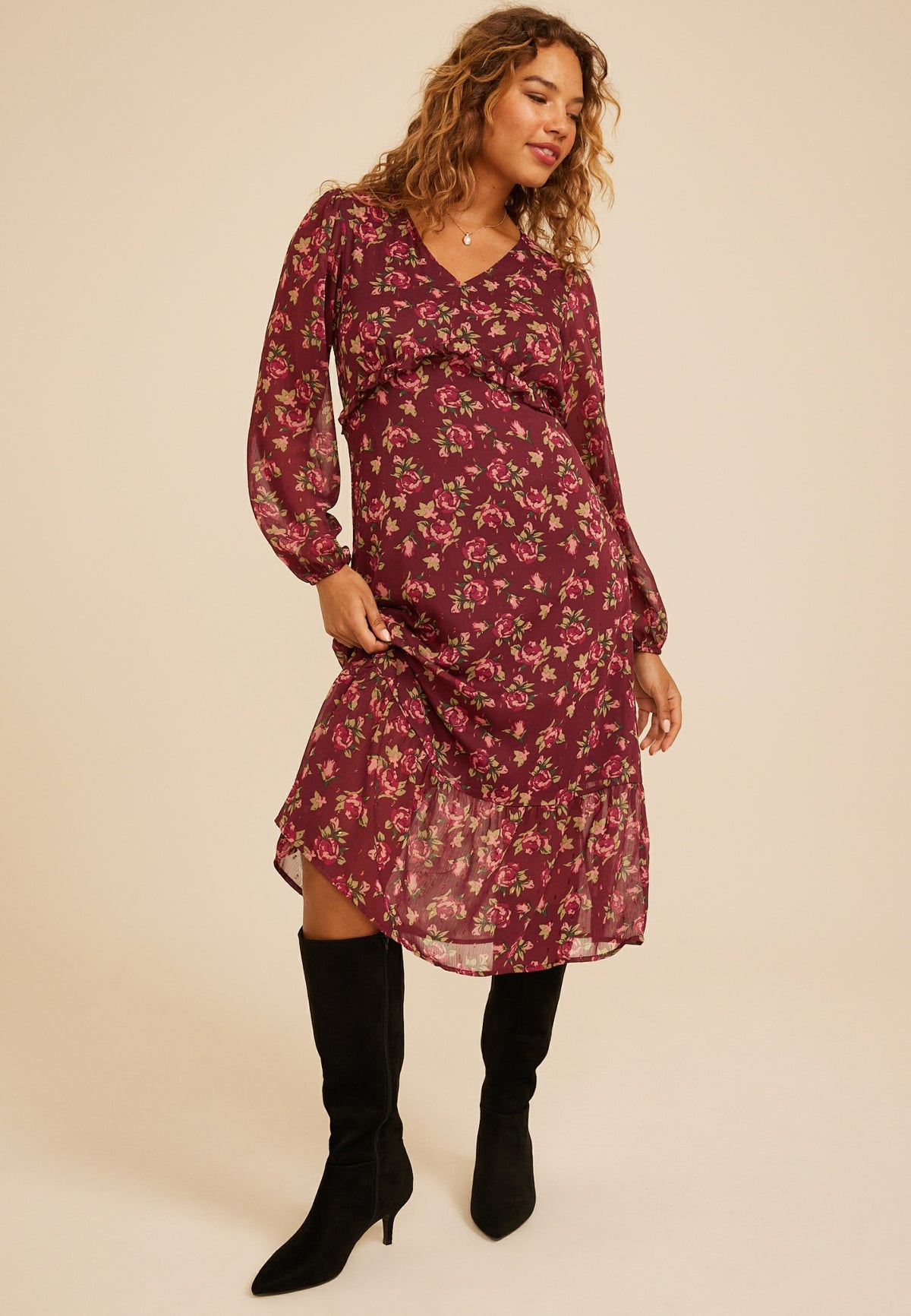Floral Metallic Print Ruffle Midi Dress