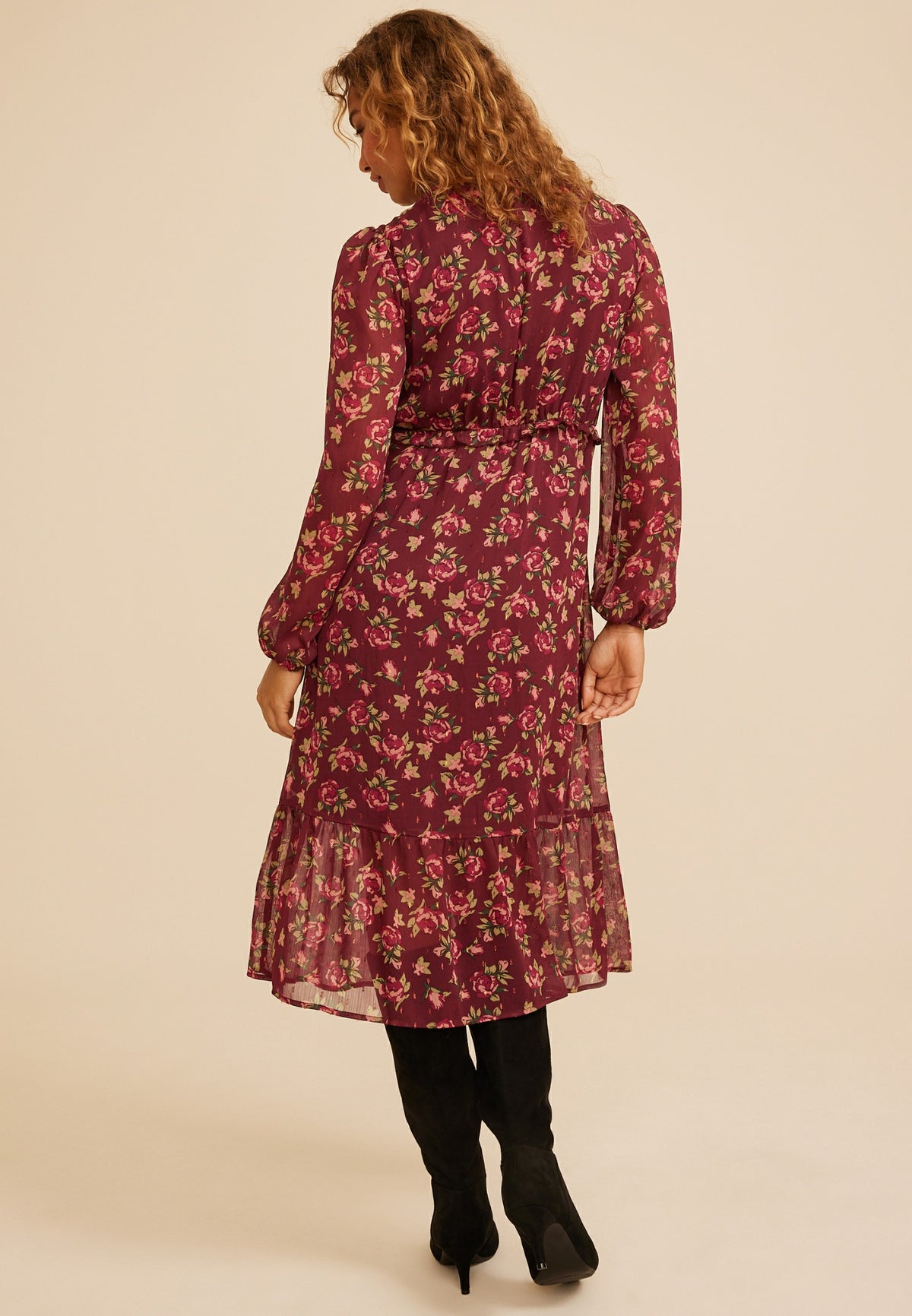 Floral Metallic Print Ruffle Midi Dress