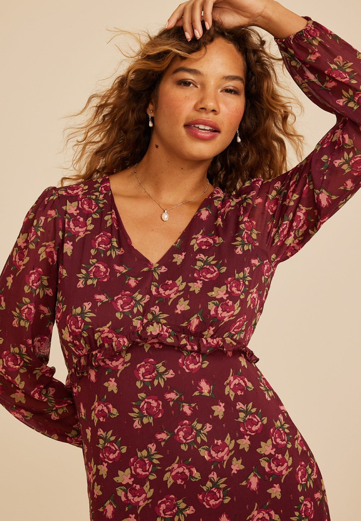 Floral Metallic Print Ruffle Midi Dress