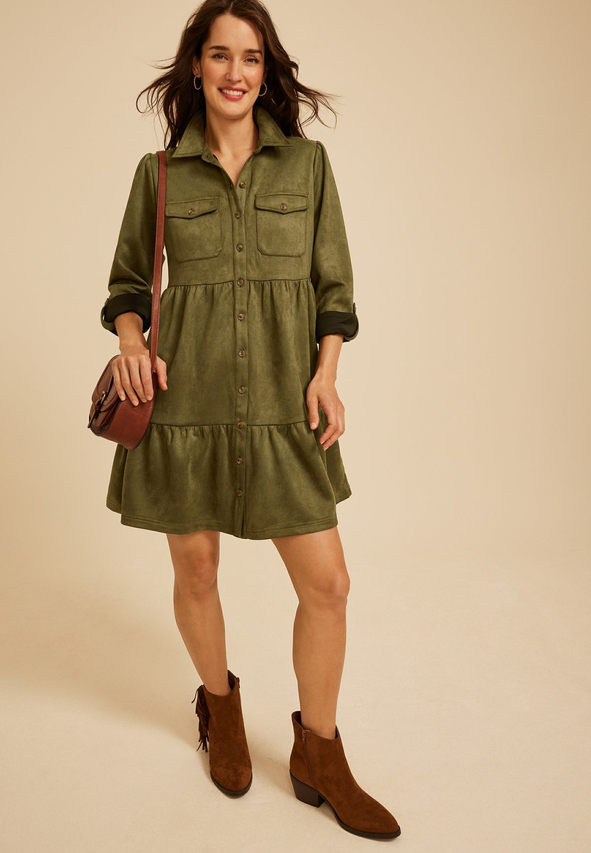 Faux Suede Tiered Babydoll Dress