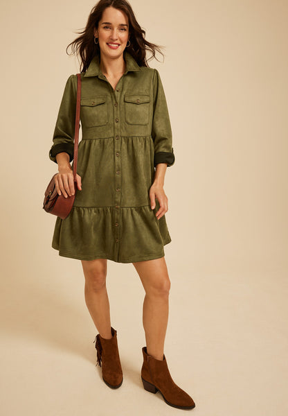 Faux Suede Tiered Babydoll Dress