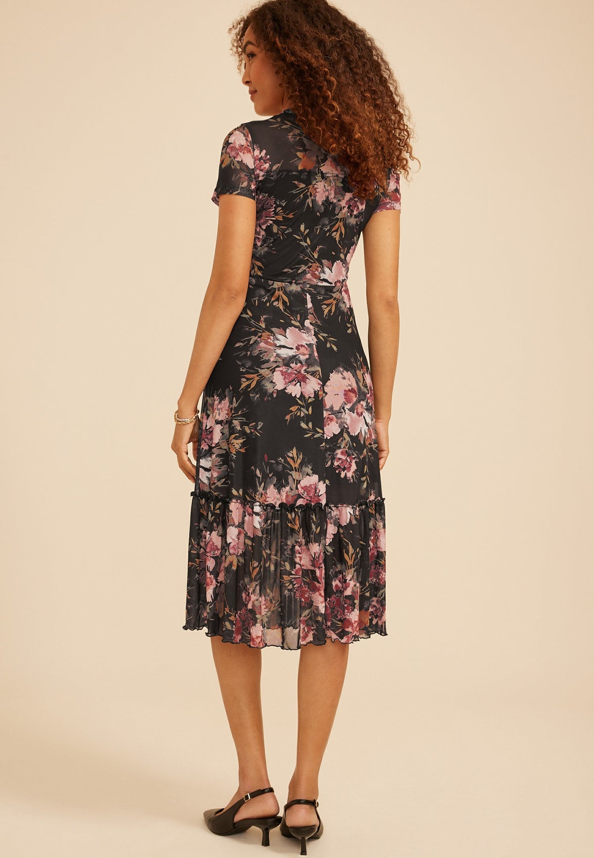 Printed Mesh Mock Neck Midi Dress