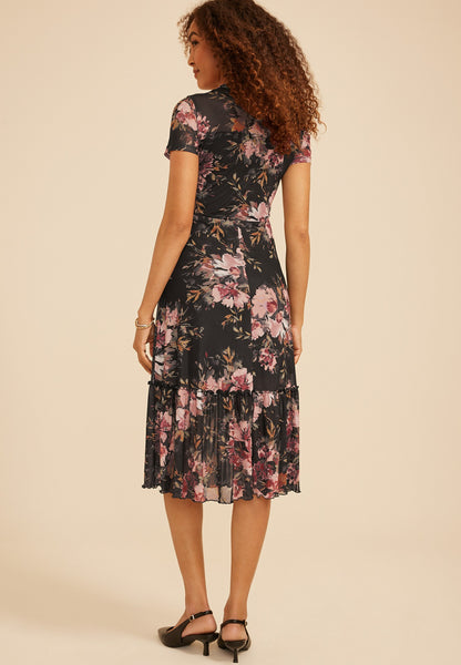 Printed Mesh Mock Neck Midi Dress
