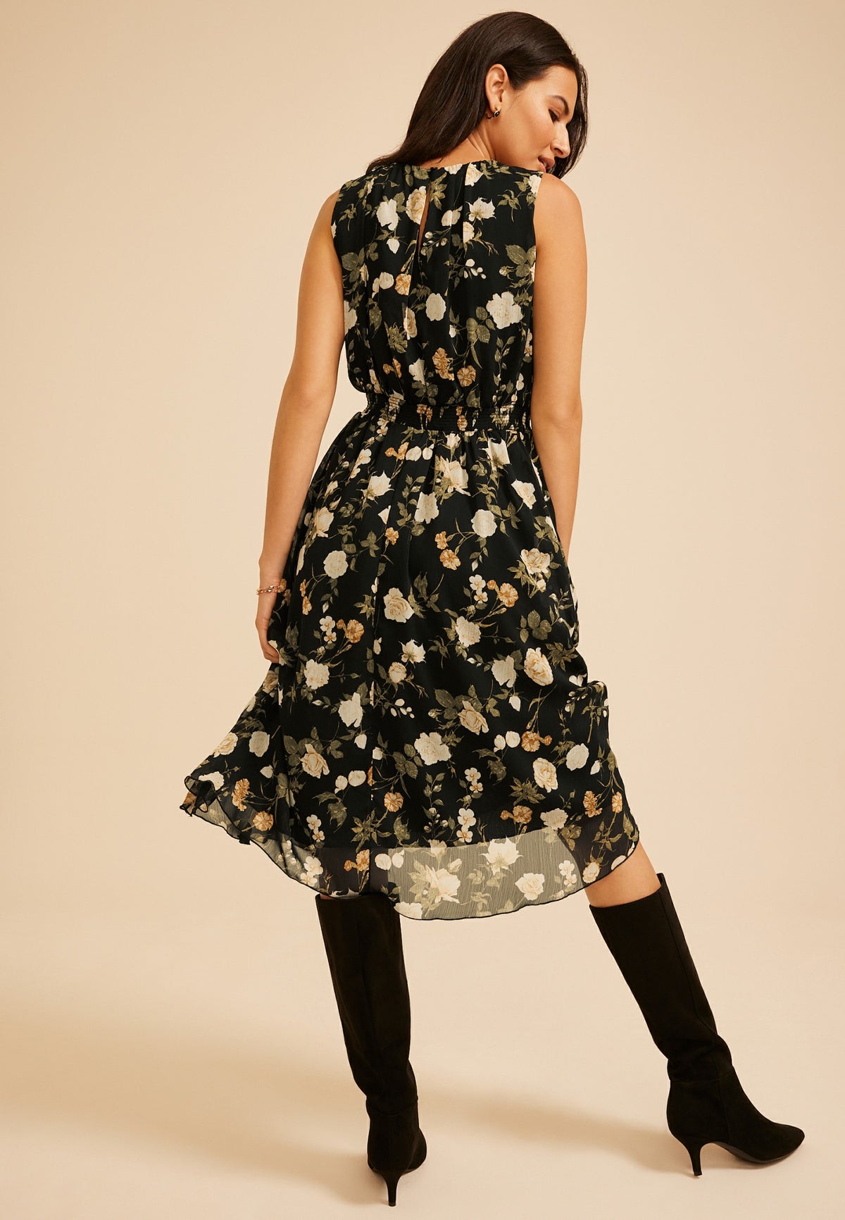 Bare Printed Smocked Waist Midi Dress