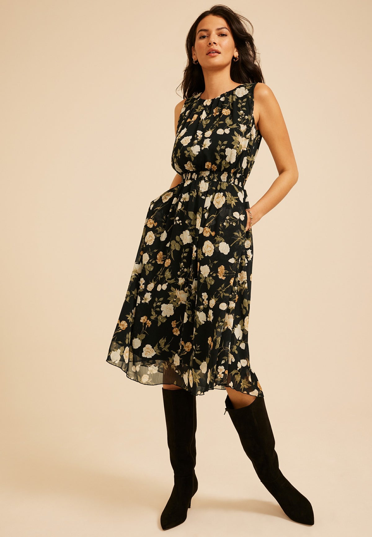 Bare Printed Smocked Waist Midi Dress