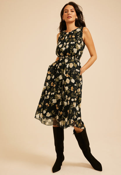 Bare Printed Smocked Waist Midi Dress