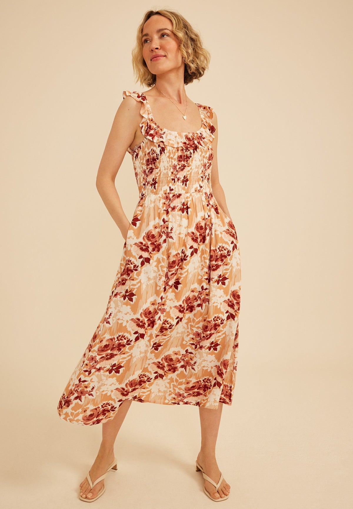 Flutter Sleeve Floral Gauze Midi Dress