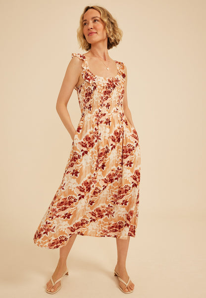 Flutter Sleeve Floral Gauze Midi Dress