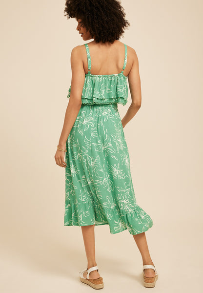 Bare Floral Print Tiered Midi Dress