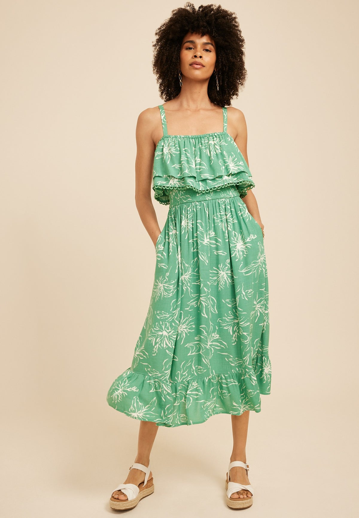 Bare Floral Print Tiered Midi Dress