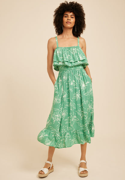 Bare Floral Print Tiered Midi Dress
