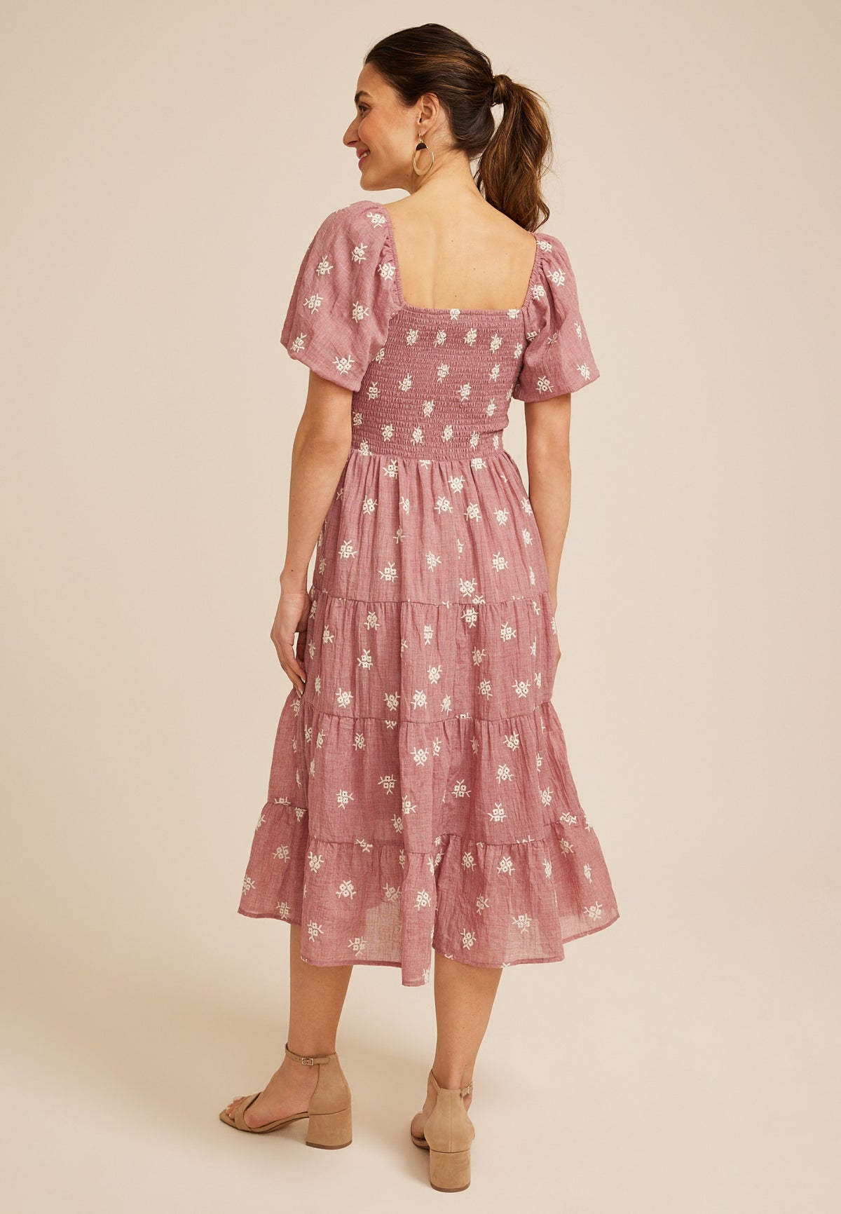 Embroidered Floral Smocked Bubble Sleeve Midi Dress