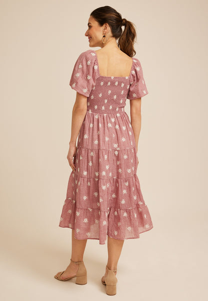 Embroidered Floral Smocked Bubble Sleeve Midi Dress