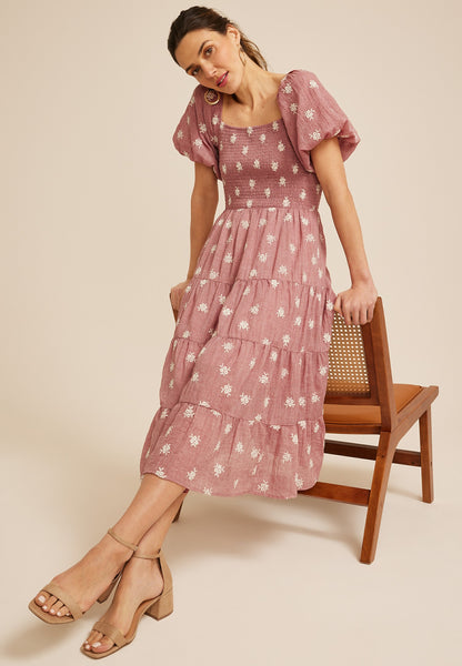 Embroidered Floral Smocked Bubble Sleeve Midi Dress