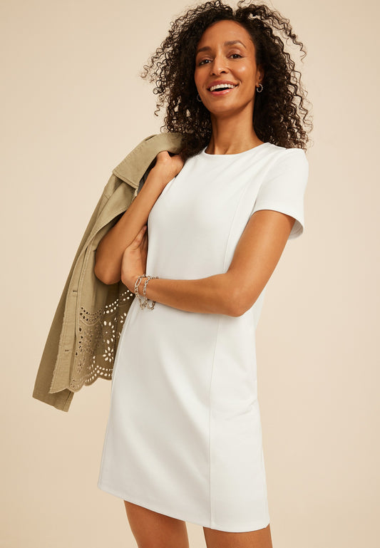 Ponte Seamed Short Sleeve Shift Dress