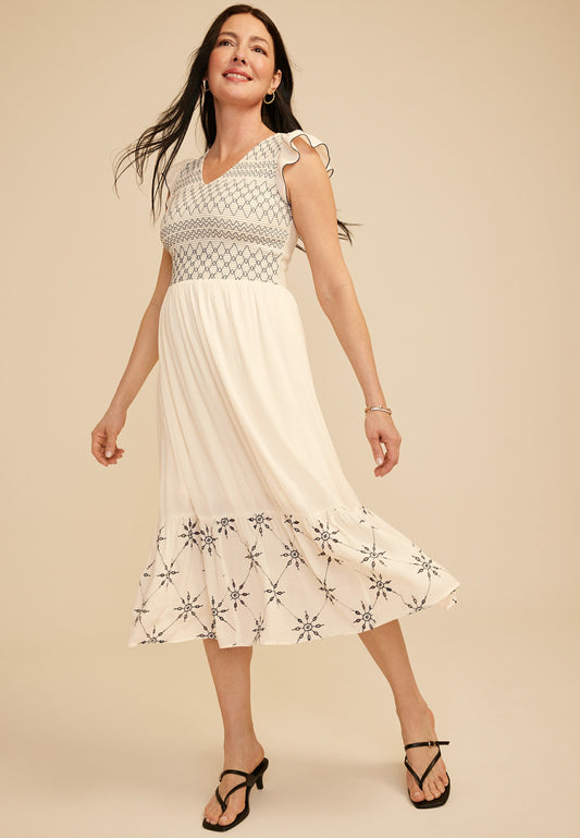 Embroidered Smocked Micro Flutter Sleeve Midi Dress