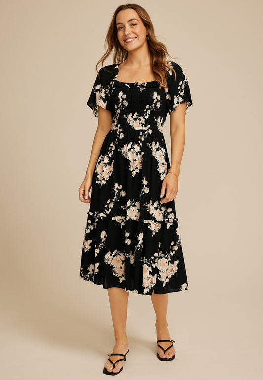 Floral Smocked Flutter Sleeve Midi Dress